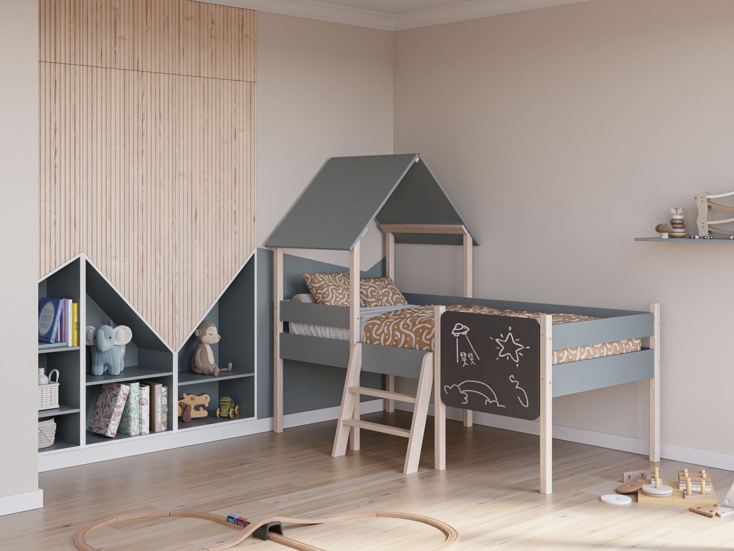 Cama infantil cabaña MINT 90 x 190 verde kaki/cera blanca con pizarra