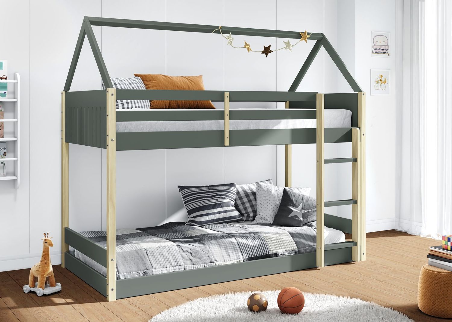 Litera-Casita SILA – Diseño Montessori en Verde Kaki y Cera Blanca