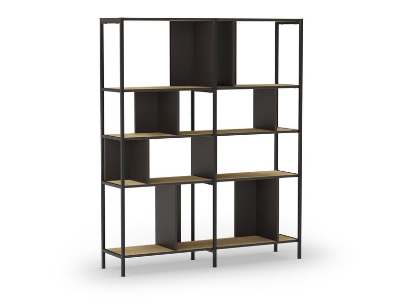 Estantería ALABAMA – 144 cm, Roble Natural y Negro Silky, Base Metálica
