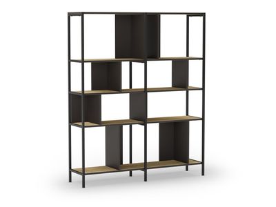 Estantería ALABAMA – 144 cm, Roble Natural y Negro Silky, Base Metálica