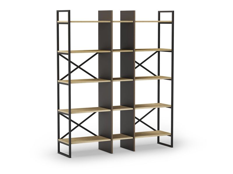 Estantería Alta ARA – 143,5 cm, Roble con Estructura de Metal Negro
