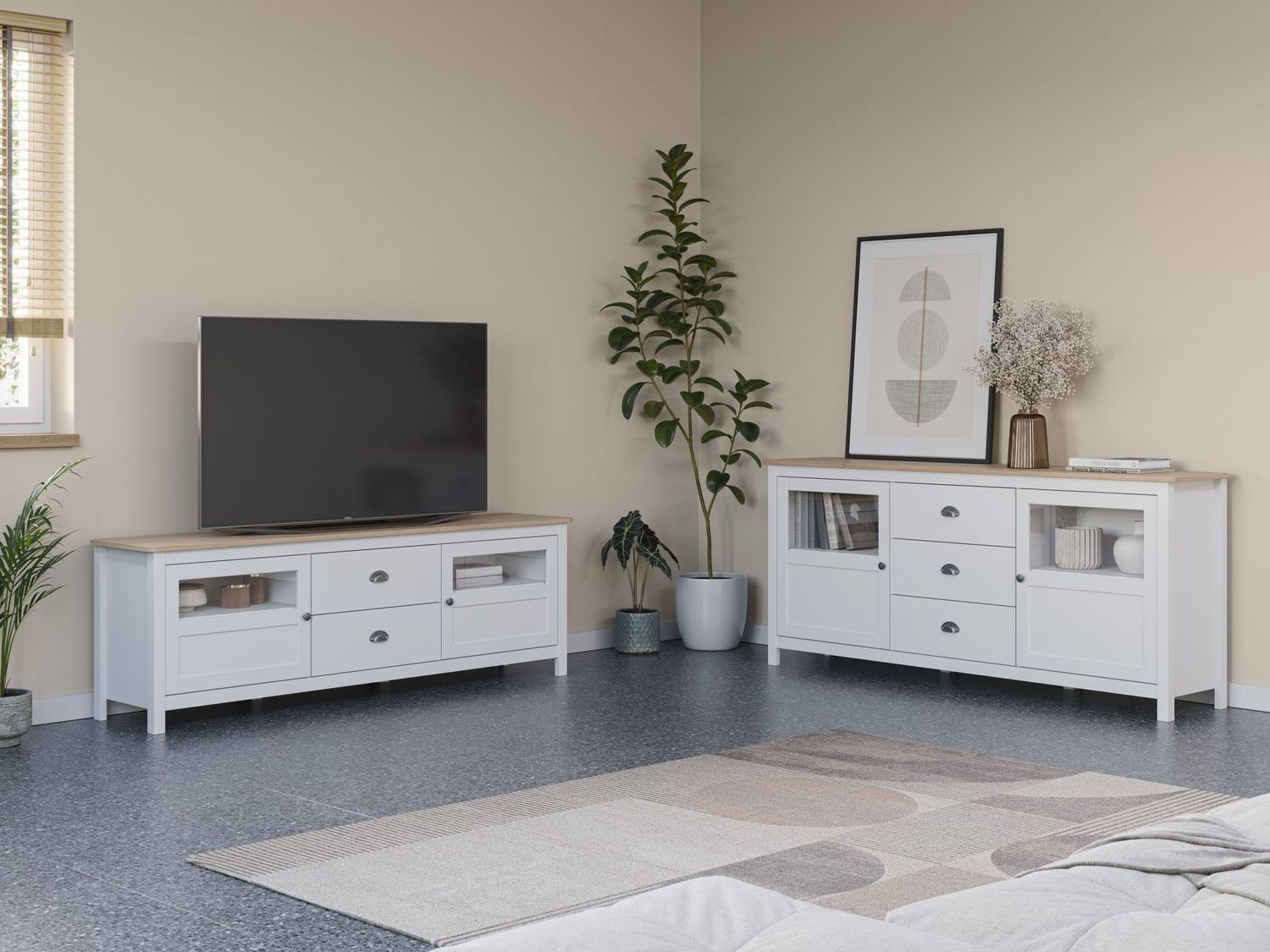 Mueble tv MISTI 2 cajones 2 puertas blanco/roble