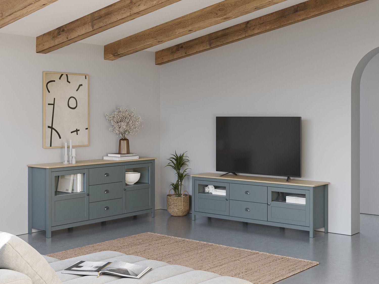 Mueble tv MISTI 2 cajones 2 puertas verde kaki/roble