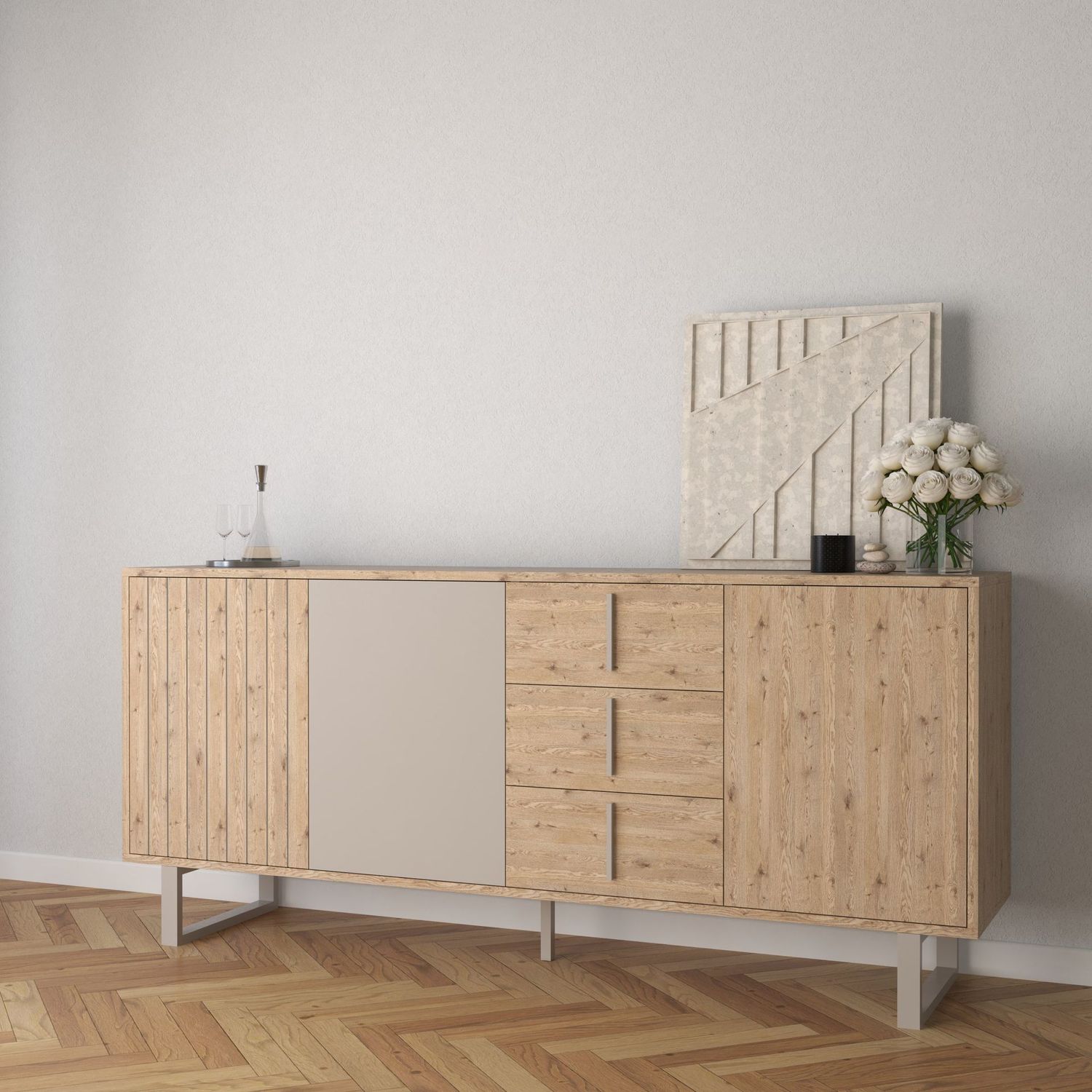 Aparador Millay 3 puertas 3 cajones roble-k/gris