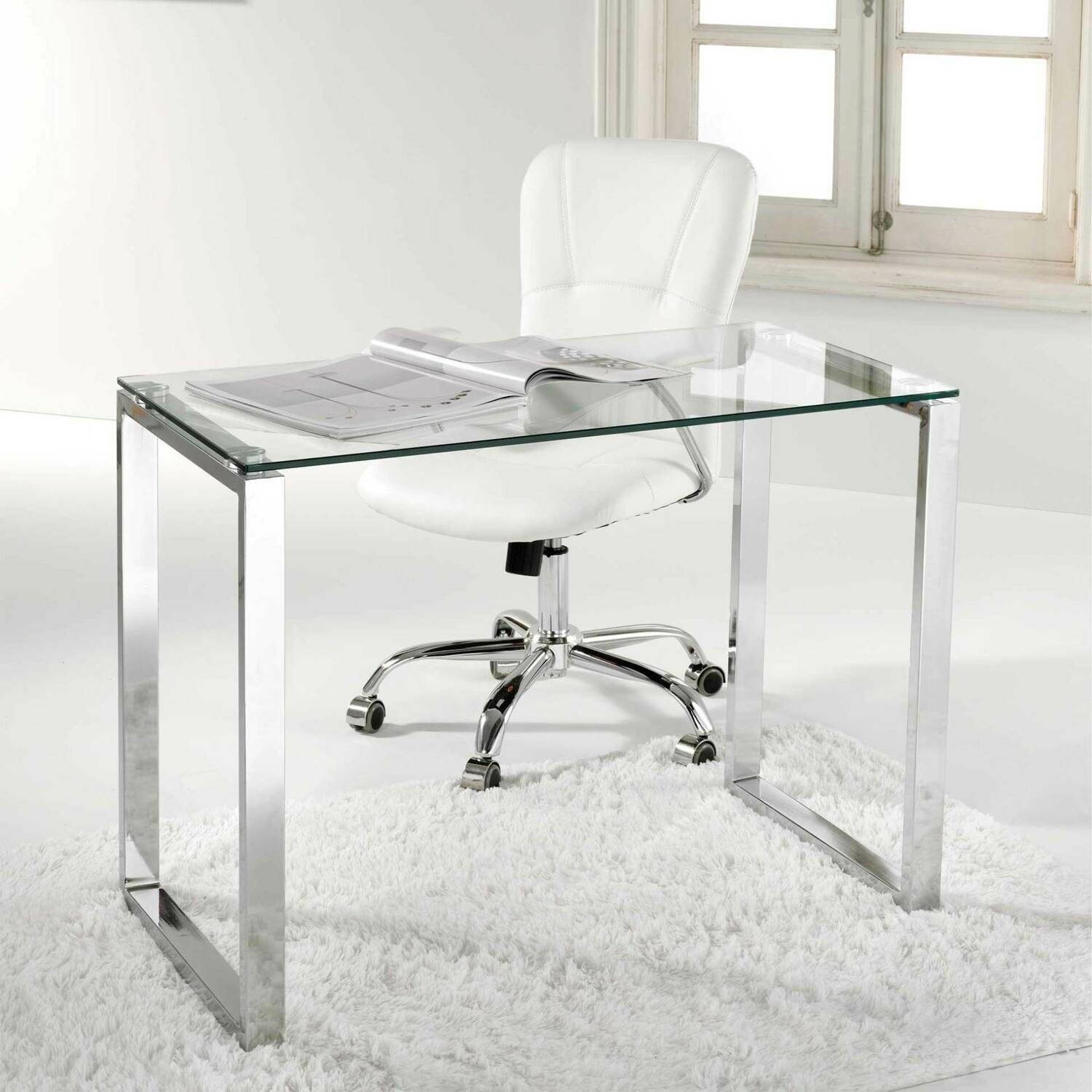 MESA ESTUDIO BENETTO 100 PATAS CROMO Y CRISTAL