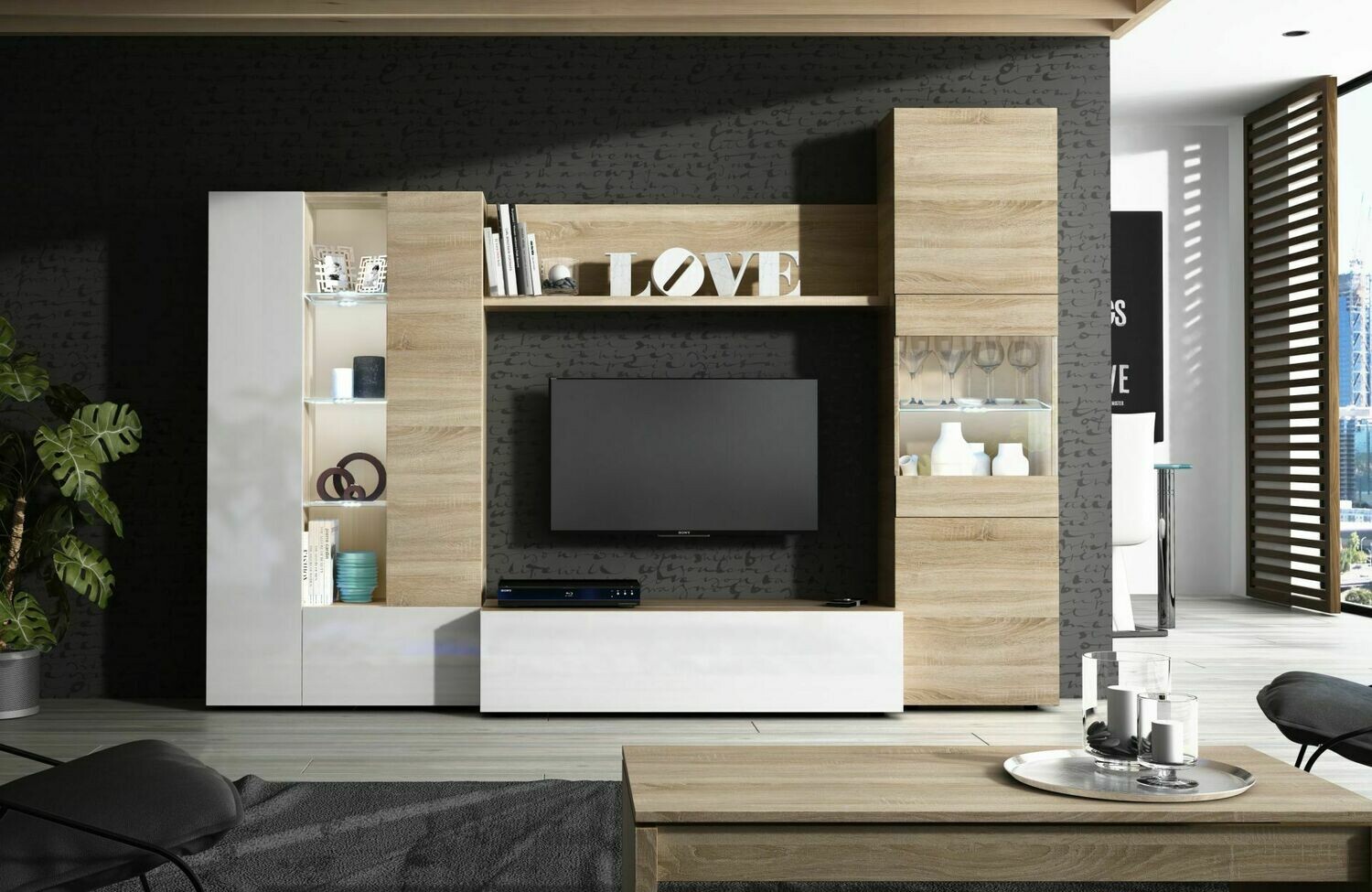 COMPOSICION DE SALON DISEGNO ROBLE CANADIAN/BLANCO BRILLO ESTILO MODERNO