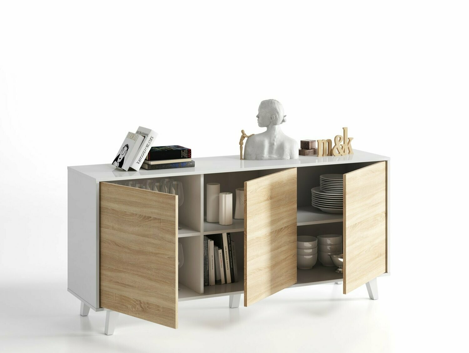 APARADOR STYLUS PLUS 3 PUERTAS BLANCO BRILLO/ROBLE CANADIAN ESTILO NORDICO