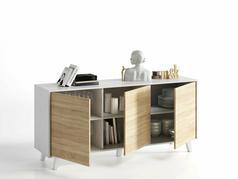 APARADOR STYLUS PLUS 3 PUERTAS BLANCO BRILLO/ROBLE CANADIAN ESTILO NORDICO