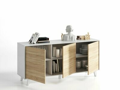 APARADOR STYLUS PLUS 3 PUERTAS BLANCO BRILLO/ROBLE CANADIAN ESTILO NORDICO