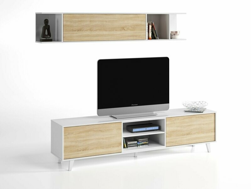 COMPOSICION DE SALON CASABLANCA  ESTILO MODERNO BLANCO BRILLO/ROBLE CANADIAN