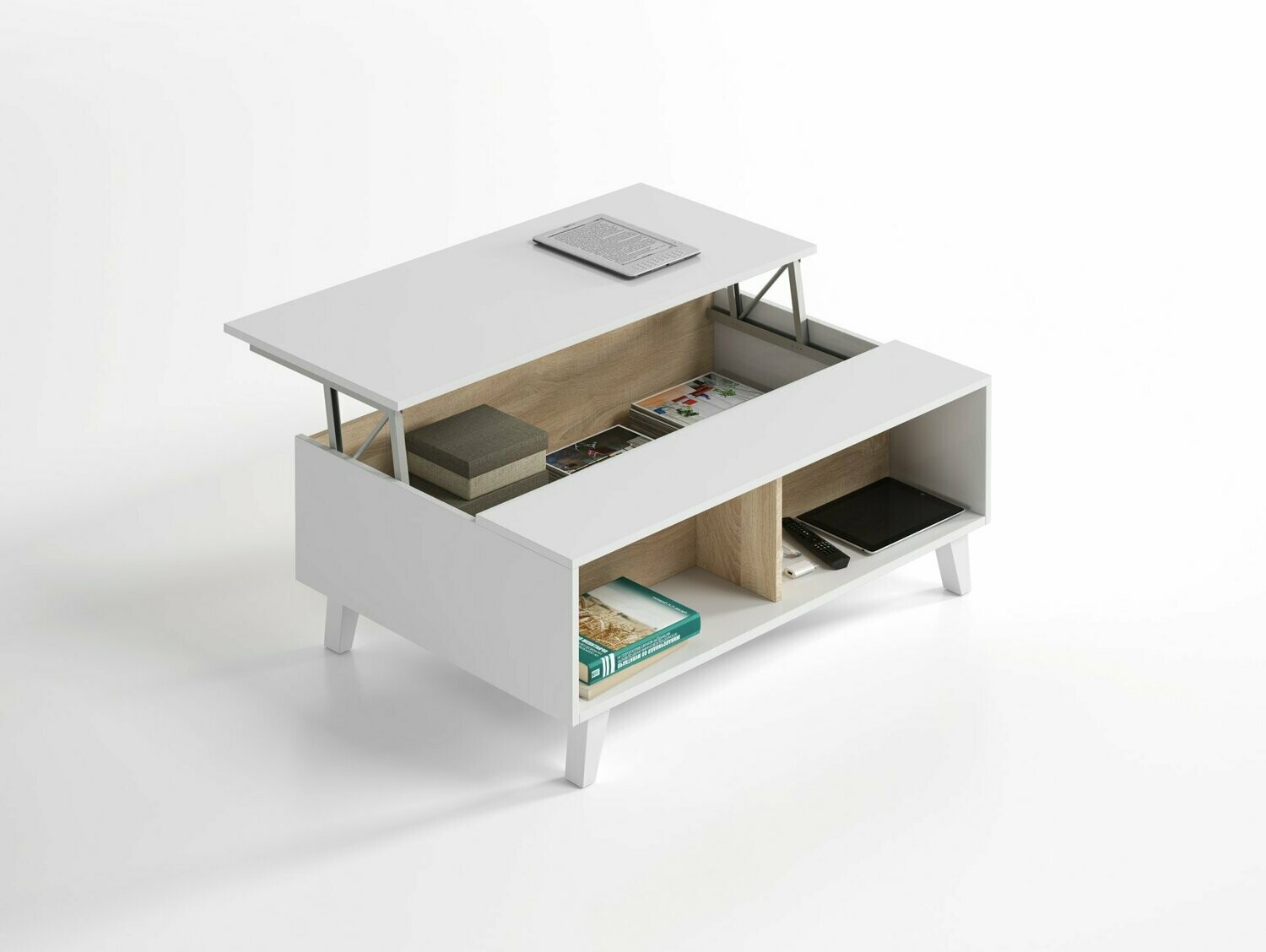 MESA CENTRO ELEVABLE STYLUS PLUS BLANCO BRILLO/ROBLE CANADIAN