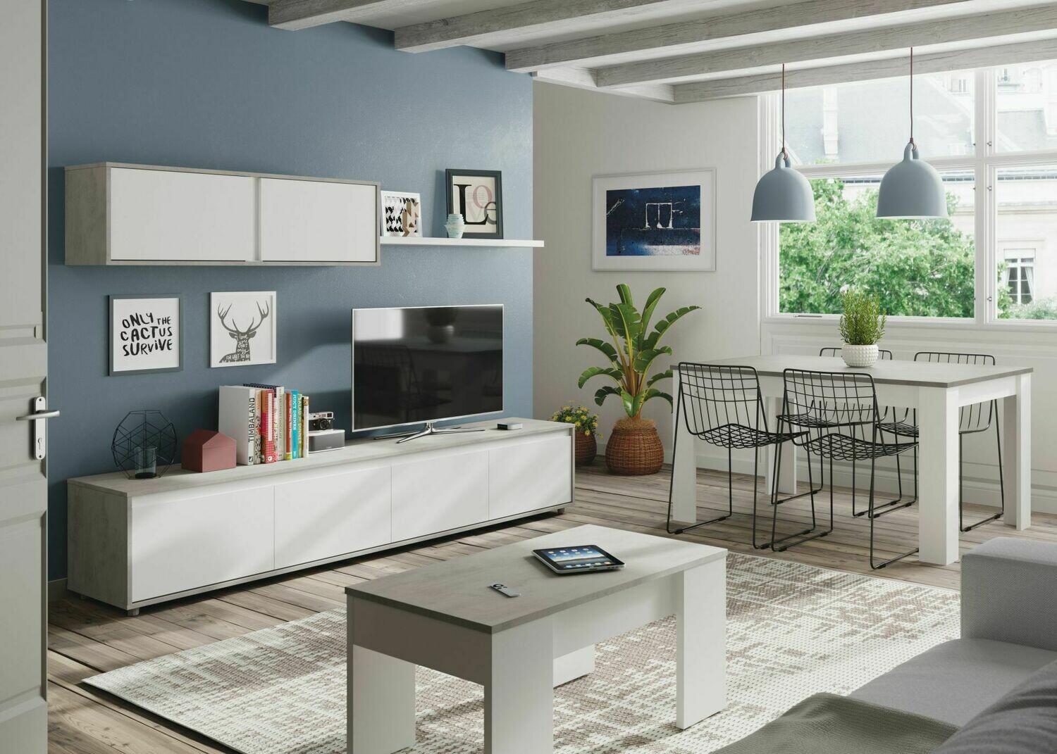 MESA COMEDOR EXTENSIBLE PRACTICO 140 × 90 CEMENTO/BLANCO ARTIK