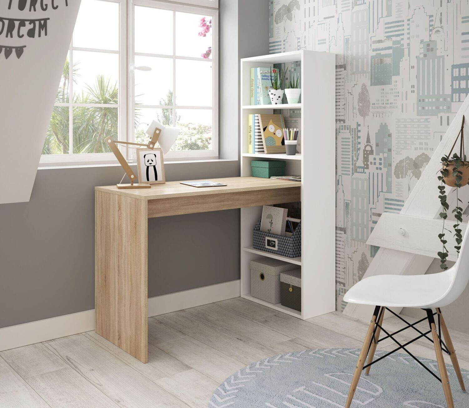 MESA DE ESTUDIO + ESTANTERIA GIO PLUS BLANCO ARTIK/ROBLE CANADIAN