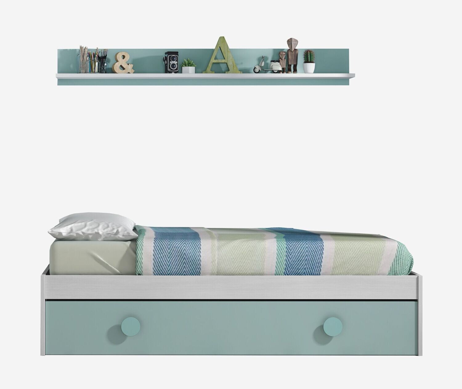 CAMA NIDO JUVENIL CON CAJON Y ESTANTE DE 90 X 190 ENJOY BLANCO ALPES/VERDE AQUA CAMA NIDO JUVENIL CON CAJON Y ESTANTE DE 90 X 190 ENJOY BLANCO ALPES/VERDE AQUA