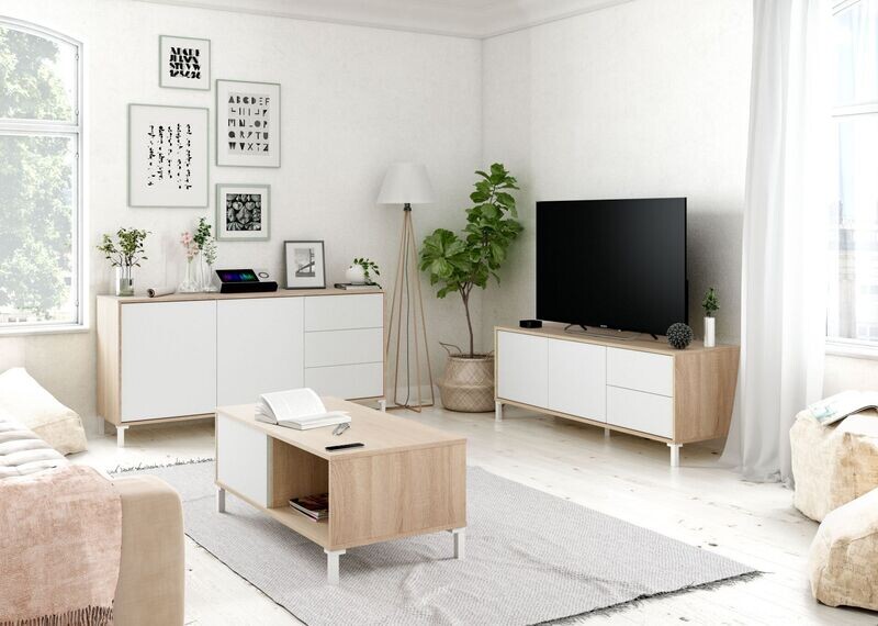 MESA CENTRO CON PATAS Y 2 HUECOS URBAN PLUS 100 x 50 ROBLE CANADIAN/BLANCO ARTIK