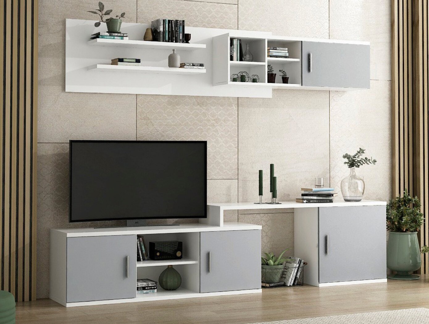 COMPOSICION DE SALON FASSION ESTILO MODERNO BLANCO/ALUMINIO