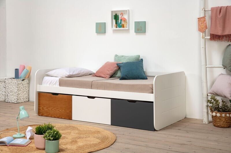 CAMA NIDO REDONA 90 x 190 3 CAJONES BLANCO/ANTRACITA/CERA SOMIER INCLUIDO