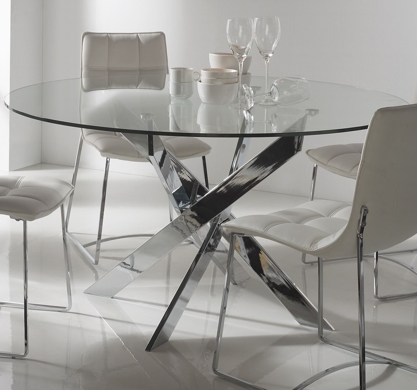 MESA COMEDOR REDONDA 120 CM RUTH CRISTAL PATA CROMADA MESA COMEDOR REDONDA 120 CM RUTH CRISTAL PATA CROMADA