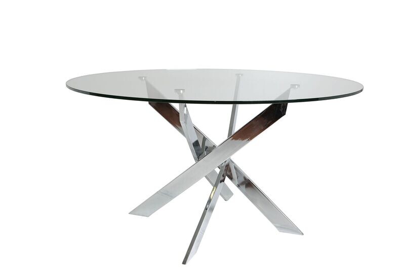 MESA COMEDOR REDONDA RUTH 140 CM CRISTAL PATAS CROMADAS ESTILO MODERNO MESA COMEDOR REDONDA RUTH 140 CM CRISTAL PATAS CROMADAS ESTILO MODERNO