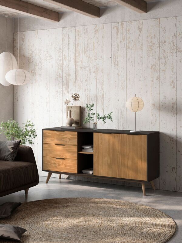 APARADOR LAVIS 2 PUERTAS 2 HUECOS 3 CAJONES PINO BOCAMINA/CERA ESTILO NORDICO