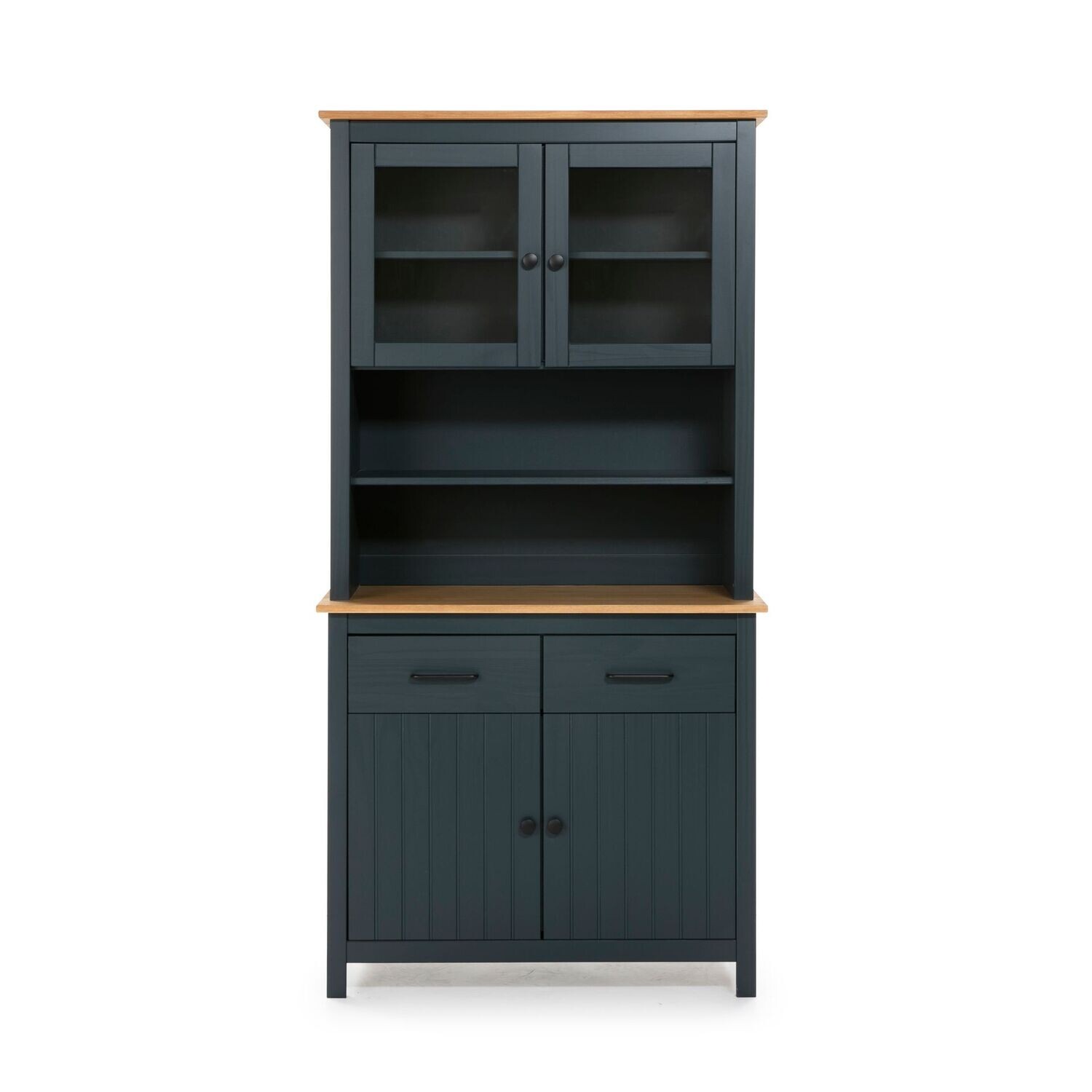 VITRINA MIRANDA 2 PUERTAS CRISTAL 2 CAJONES AZUL/CERA ESTILO NORDICO