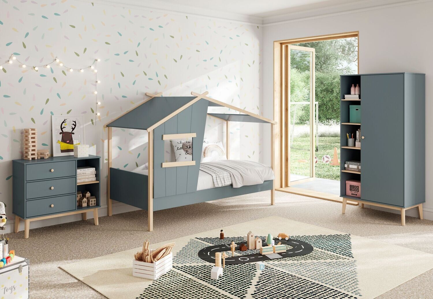 CAMA CABAÑA LUBA 90 CM VERDE KAKI /CERA BLANCA SOMIER INCLUIDO