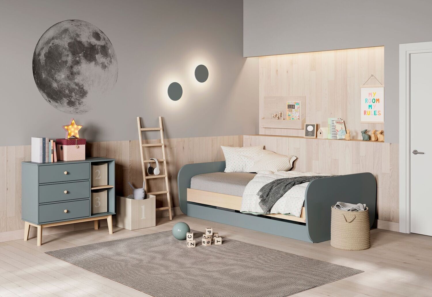 CAMA NIDO ESTEBAN 90X190/90 X 180 VERDE KAKI/CERA SOMIER INCLUIDO