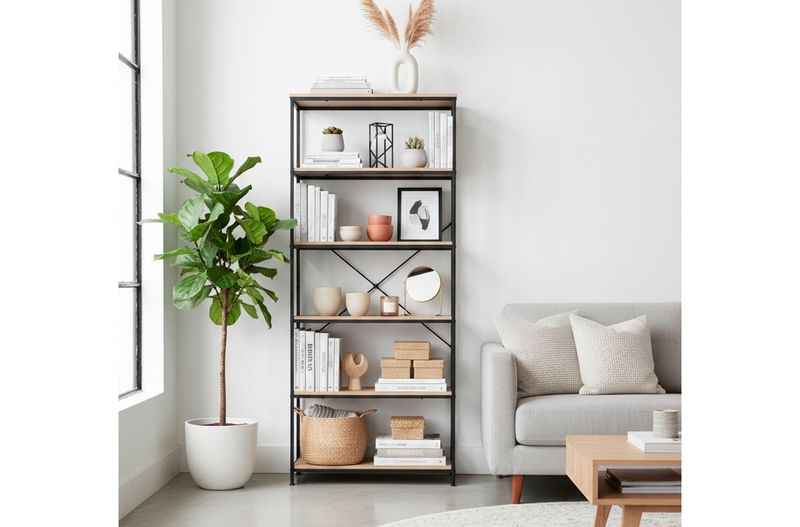 ESTANTERIA 6 ESTANTES DECK 75 X 180 CM OAK / NEGRO ROBLE Y METAL