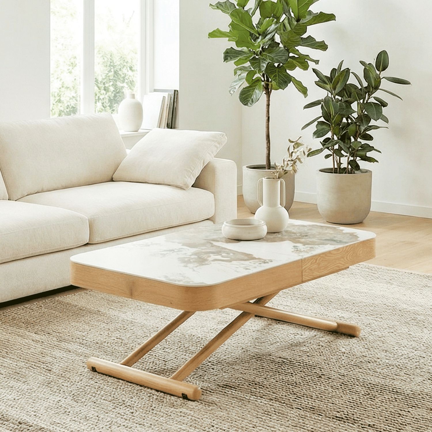 Mesa centro elevable y extensible Turin 120 - 160 - 200 x 75 cm color oak / ceramic