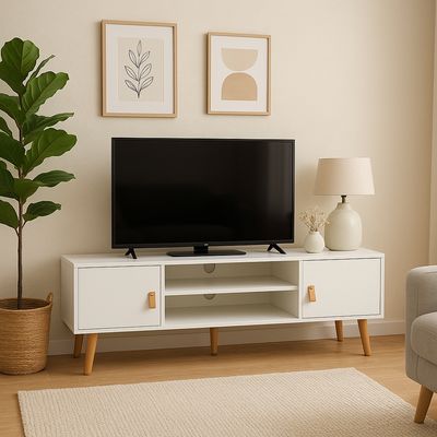 MESA TV ANZIO 2 PUERTAS BLANCO Y ROBLE ESTILO NORDICO 140 CM