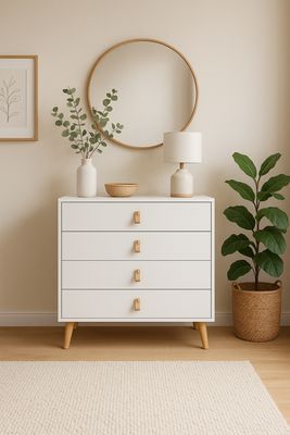 COMODA ANZIO 4 CAJONES BLANCA PATA ROBLE ESTILO NORDICO COMODA ANZIO 4 CAJONES BLANCA PATA ROBLE ESTILO NORDICO