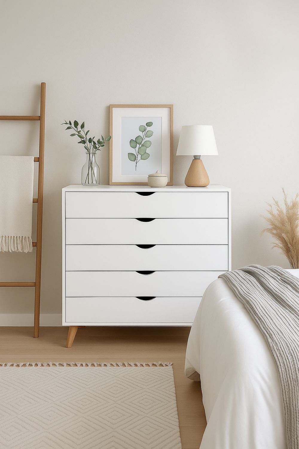 CÓMODA FIANO BLANCA 5 CAJONES PATA MADERA ESTILO NORDICO CÓMODA FIANO BLANCA 5 CAJONES PATA MADERA ESTILO NORDICO