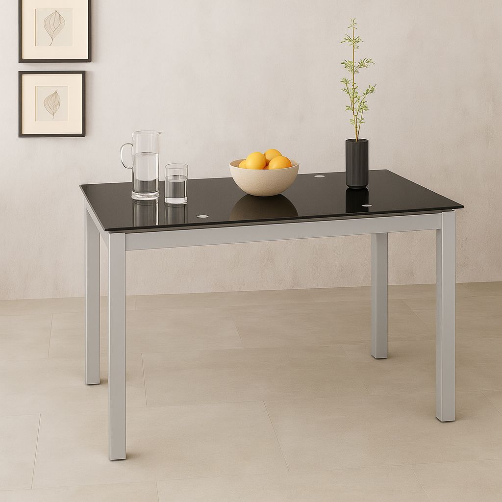 MESA DE COCINA RECTANGULAR EXTENSIBLE BISBE CRISTAL NEGRO ESTRUCTURA GRIS 110 x 70 MESA DE COCINA RECTANGULAR EXTENSIBLE BISBE CRISTAL NEGRO ESTRUCTURA GRIS 110 x 70