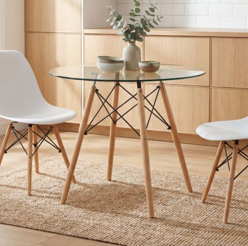 MESA DE COMEDOR RENDONDA FIJA VINTAGE TAPA DE CRISTAL PATAS DE MADERA MESA DE COMEDOR RENDONDA FIJA VINTAGE TAPA DE CRISTAL PATAS DE MADERA