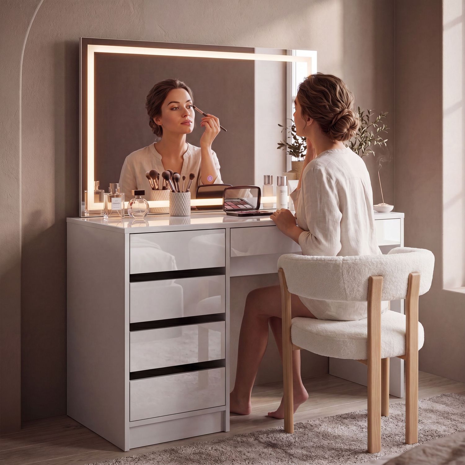 TOCADOR BERCY BLANCO 4 CAJONES ESPEJO CON LEDS TOCADOR BERCY BLANCO 4 CAJONES ESPEJO CON LEDS