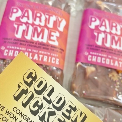 PARTY TIME!  Will you win a GOLDEN TICKET? Choose Dark or Milk Choc