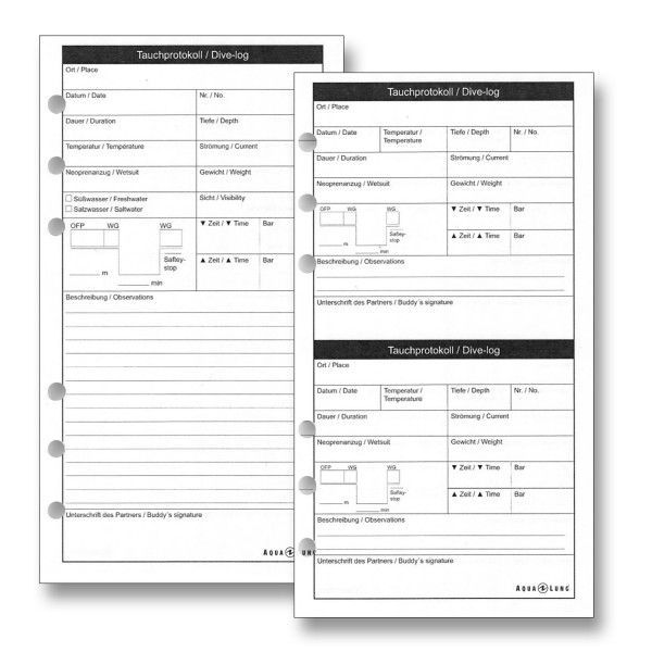 Aqualung Logbucheinlagen 90 x 170 mm