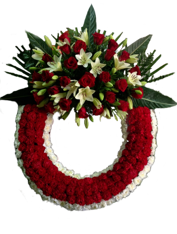 Corona Floral de flores rojas y blancas