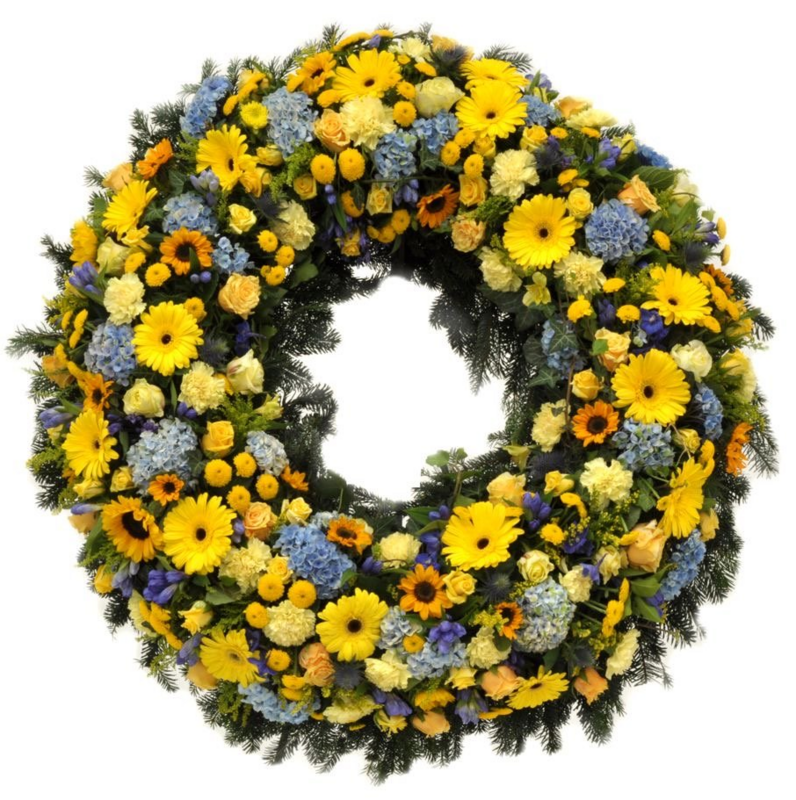 Corona Floral de Tonos Amarillos, Malvas y Azules
