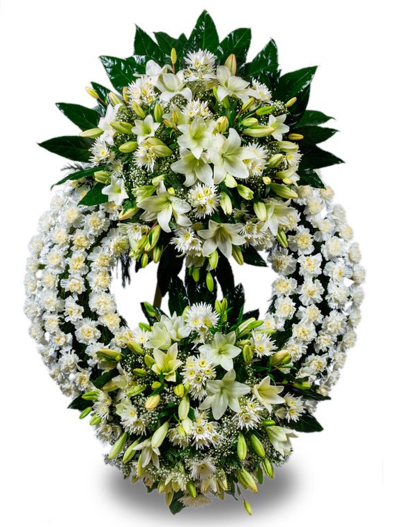 Corona Fúnebre de Claveles Blancos, lirios, Rosas y Gladiolos