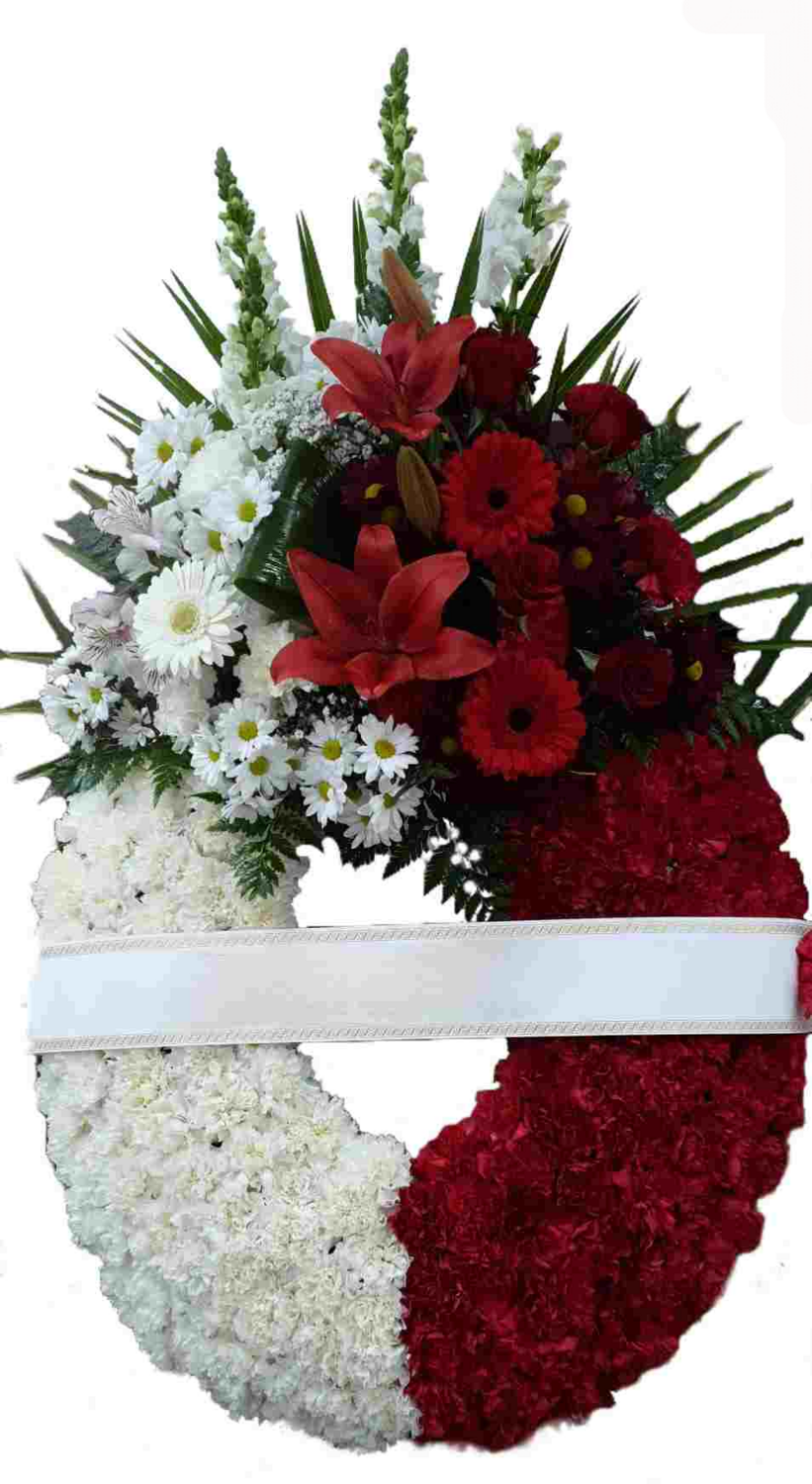 Corona Roja y Blanca de Lirios, Margaritas, Gerberas y flor variada