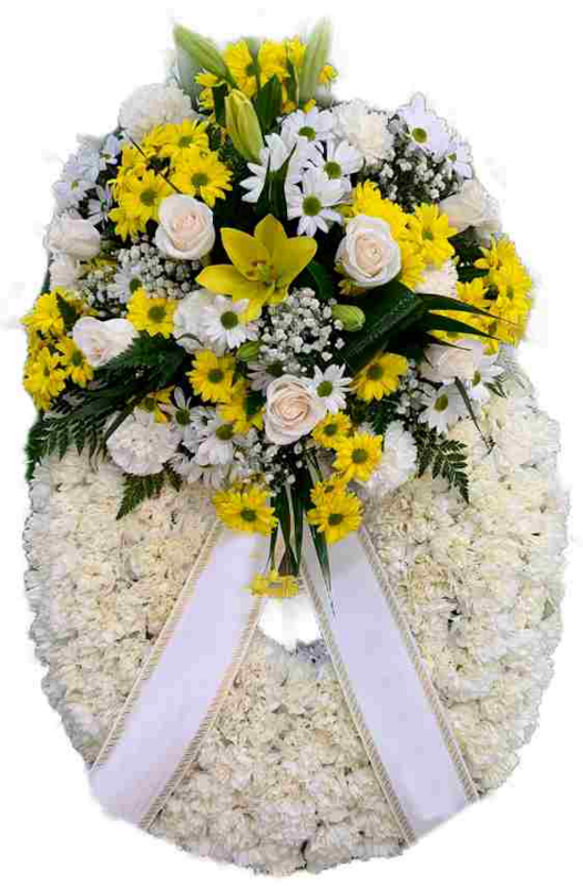 Corona funeraria, Margaritas Amarillas, rosas y lirios