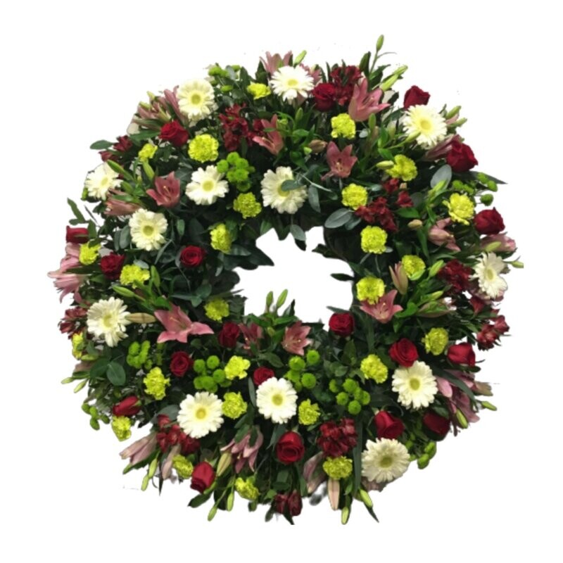 Corona floral rosas, amarillos, verdes y blancos