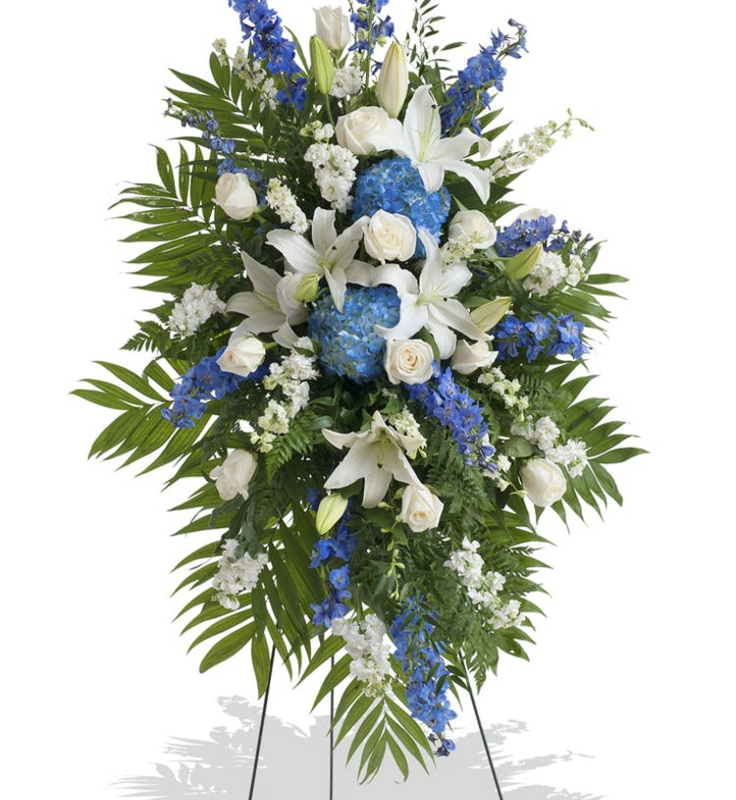 Palma funeraria lirios, hortensias y rosas