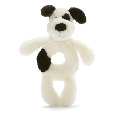 Jellycat Bashful Puppy Ring Rattle blk & crm