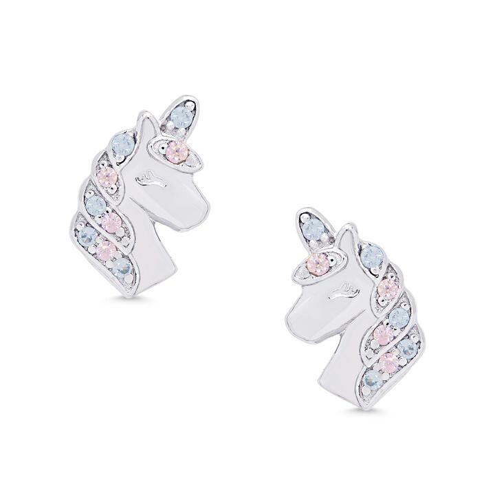 Lily Nily CZ Unicorn Stud Earrings in Sterling Silver (Pink/Blue)