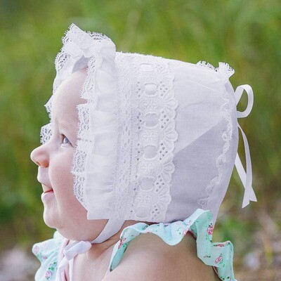 Huggalugs Baby Girls White Ribbon Bonnet*
