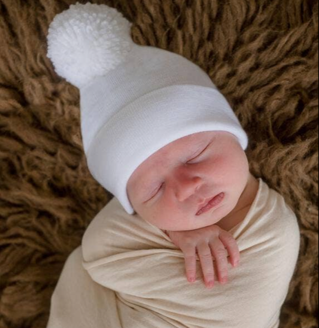 ILYBEAN Newborn White Hospital Hat W/Pom Pom