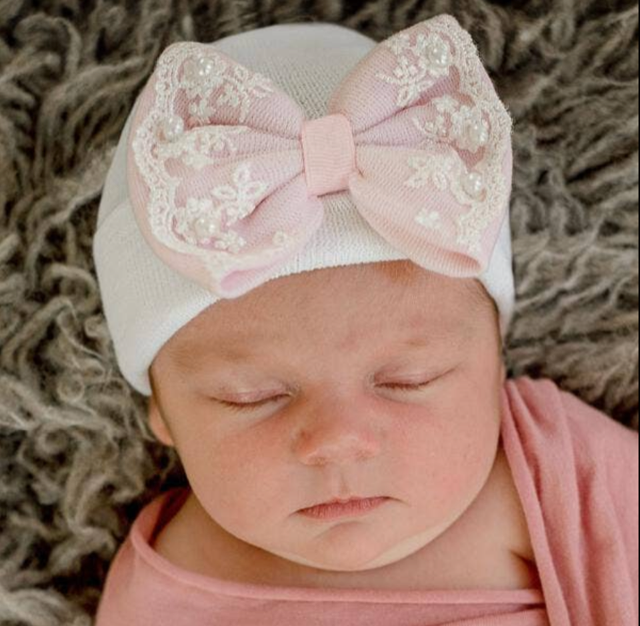 ILYBEAN White Newborn Hospital Hat Pearl and Lace Trim