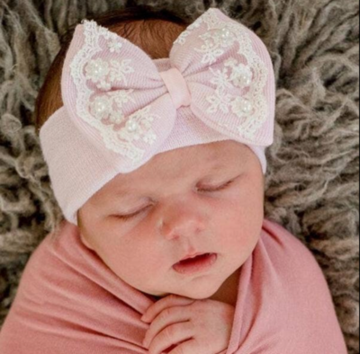 ILYBEAN Newborn Pink Headband with Pearl and Lace Trim